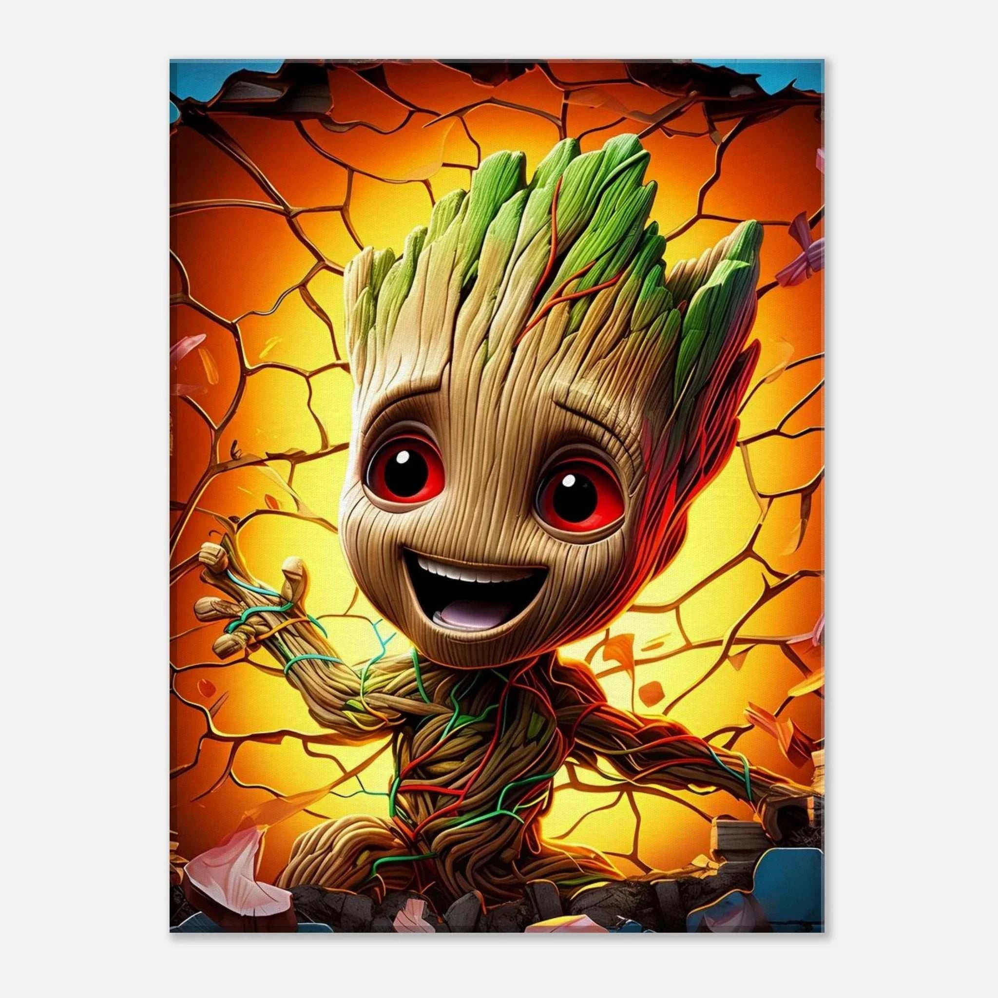 Baby Groot wall canvas featuring vibrant colors and playful design.
