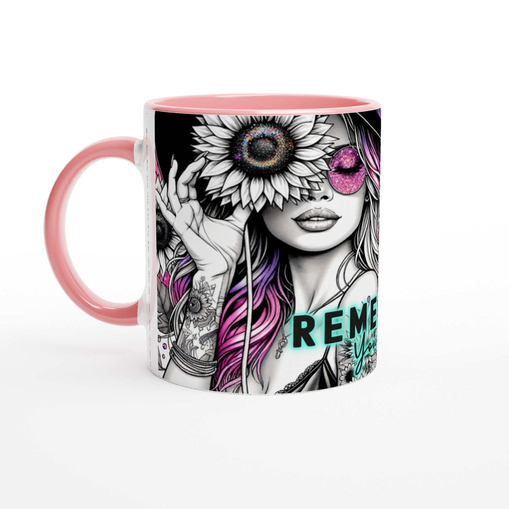 Motivational coffee mug with artistic design and "Remember Your Why" quote, two-tone pink finish, 11oz ceramic.