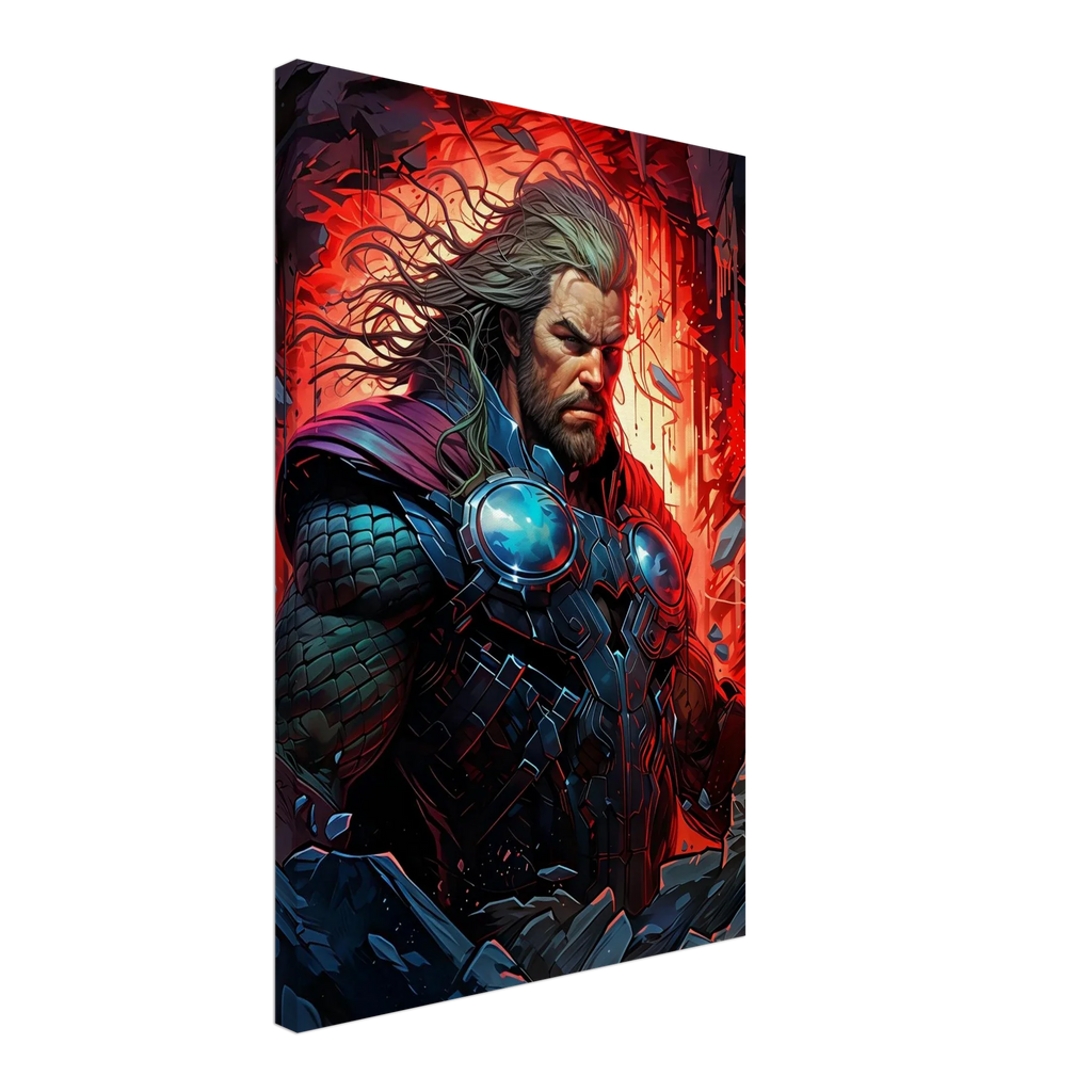 Thor Wall Canvas featuring bold, striking imagery with vibrant colors, available in various sizes and profiles, includes hanging kit.