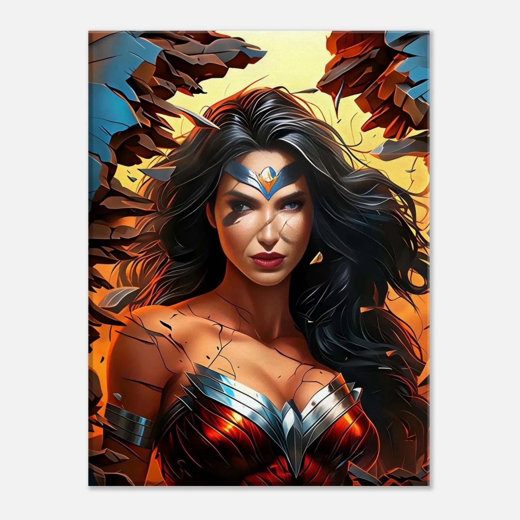 Wonder Woman Wall Canvas featuring vibrant, bold artwork of the iconic superhero, ready to hang.