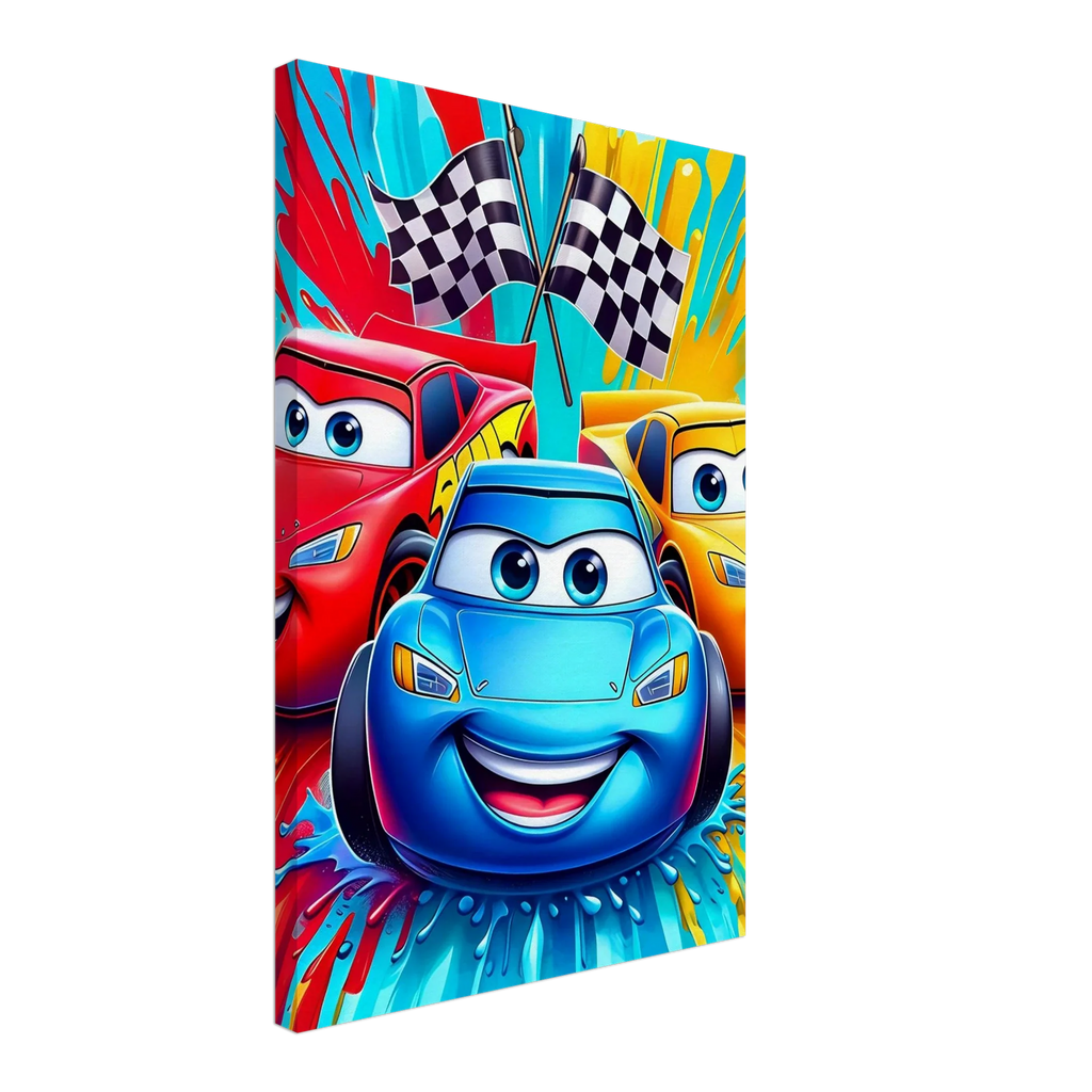 Vibrant Cars Wall Canvas with cartoon race cars and checkered flags, perfect for car enthusiasts' room decoration.