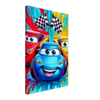 Vibrant Cars Wall Canvas with cartoon race cars and checkered flags, perfect for car enthusiasts' room decoration.