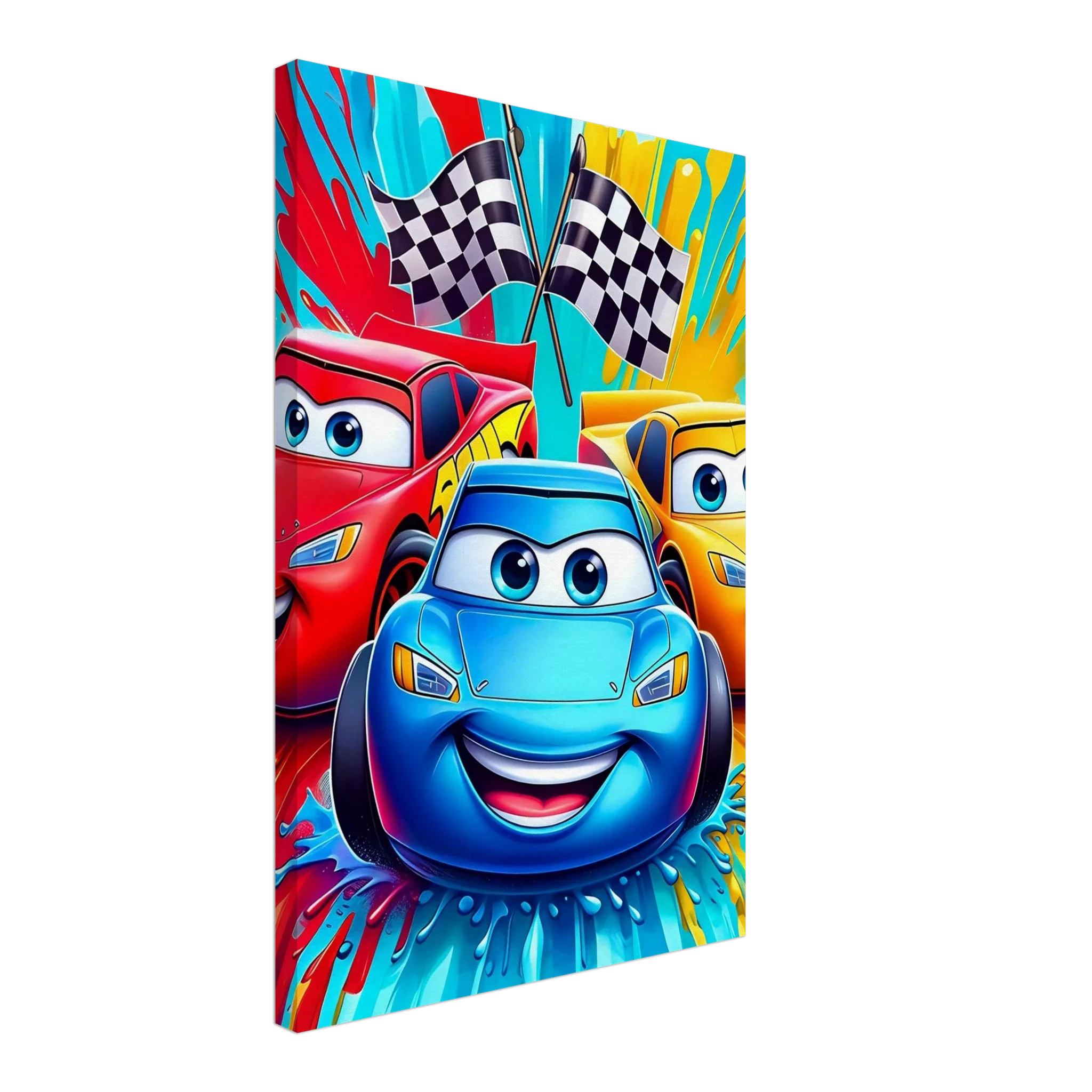 Vibrant Cars Wall Canvas with cartoon race cars and checkered flags, perfect for car enthusiasts' room decoration.