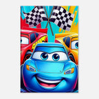 Vibrant Cars Wall Canvas with animated race cars and checkered flags, perfect for car enthusiasts.