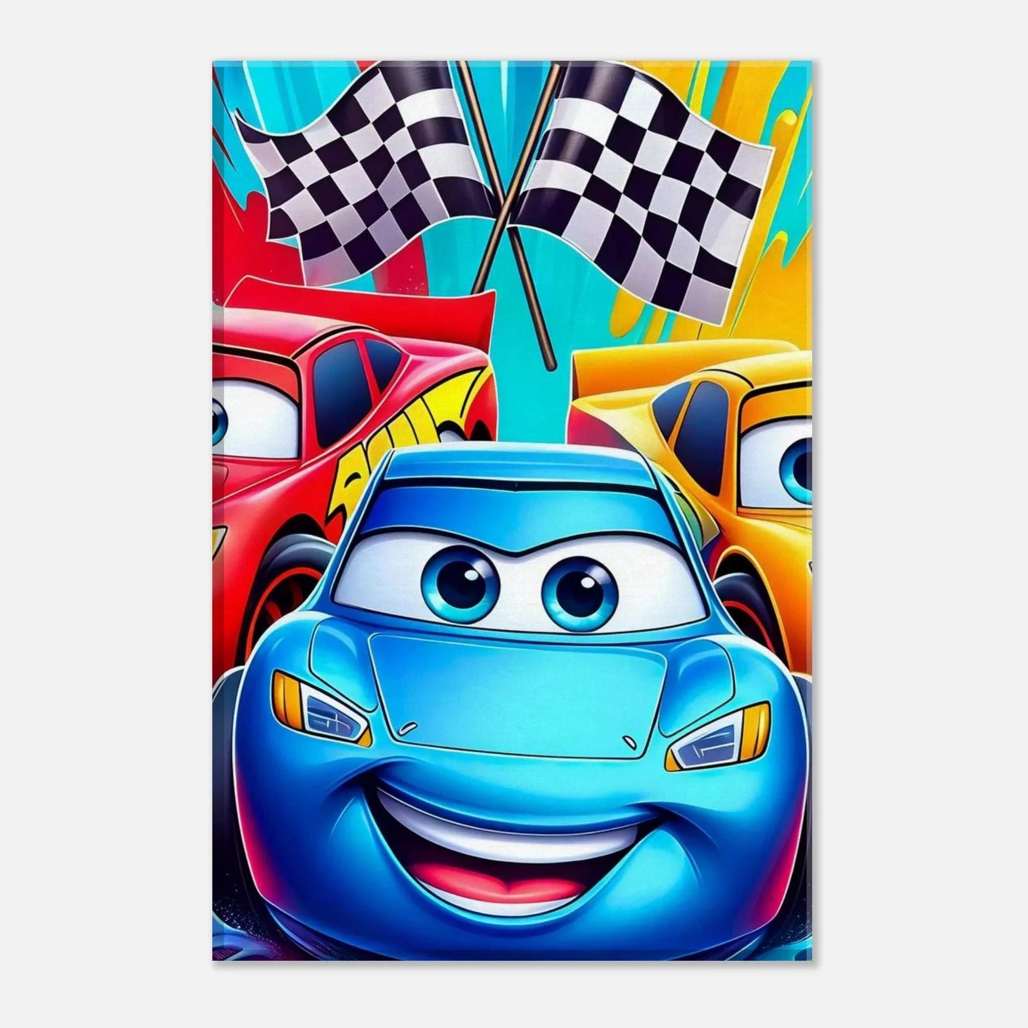 Vibrant Cars Wall Canvas with animated race cars and checkered flags, perfect for car enthusiasts.