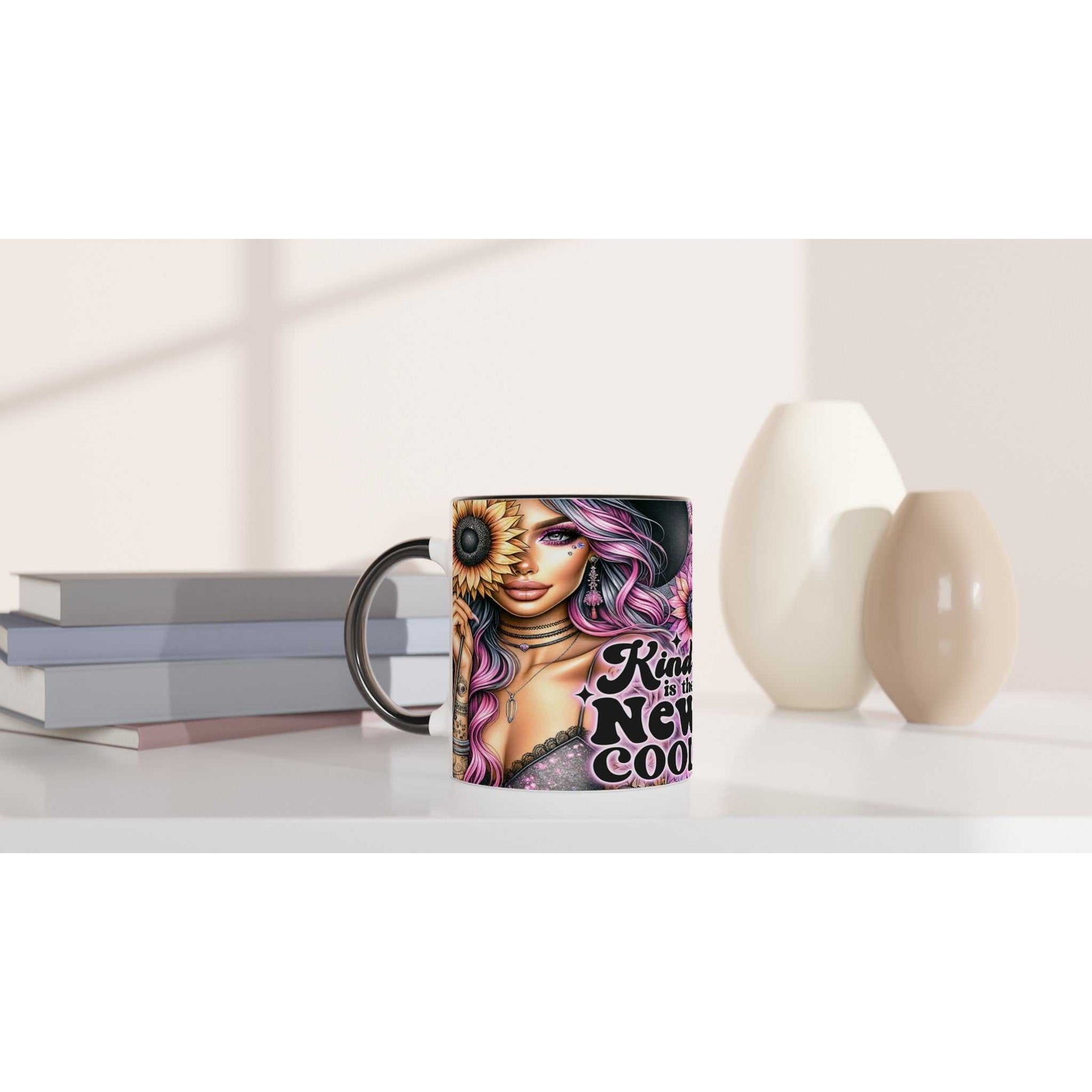 Motivational ceramic coffee mug with 'Kind Is the New Cool' quote, colorful design, and glossy finish.