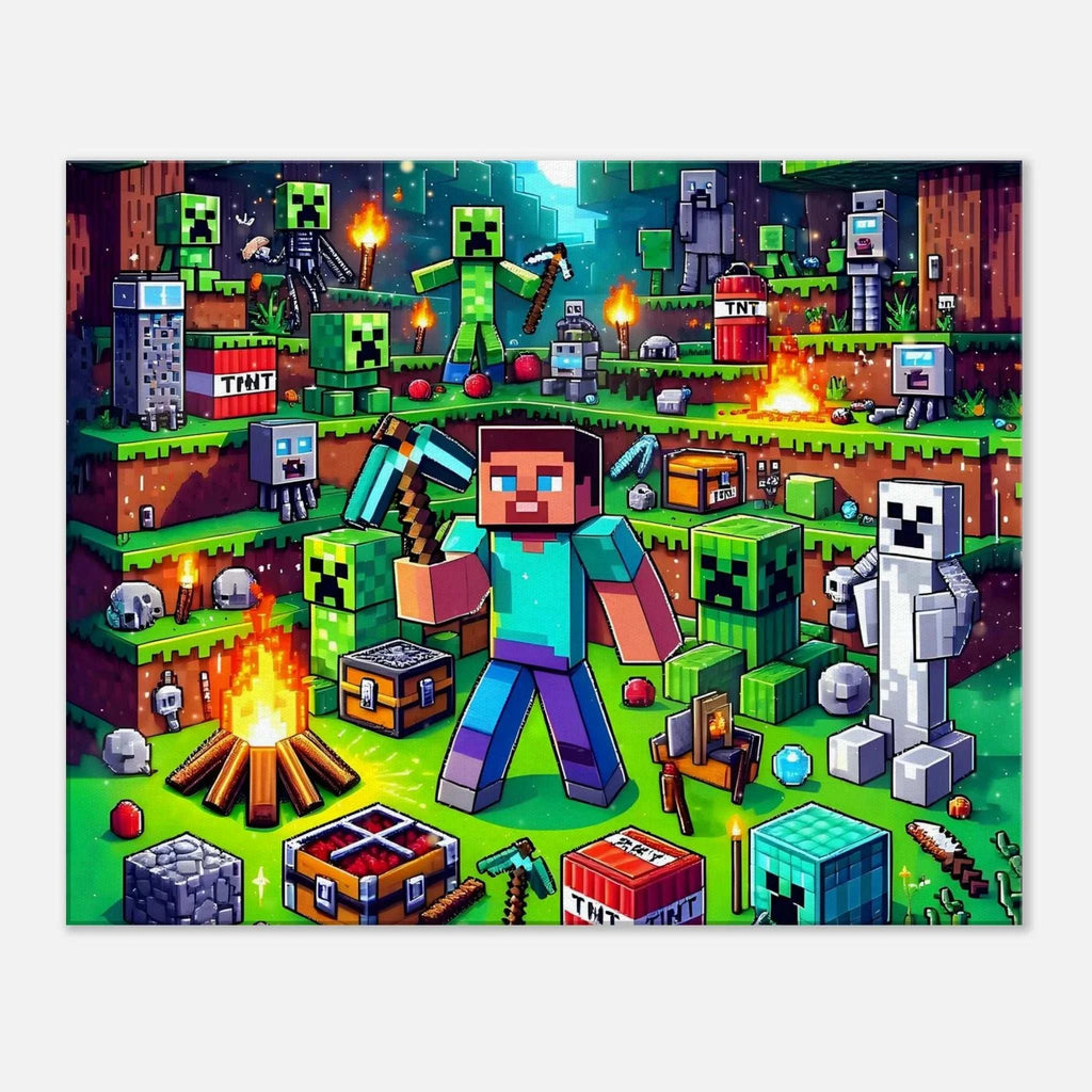 Minecraft wall canvas with vibrant colors and iconic game scenes, featuring characters and blocks in a playful pixelated style.