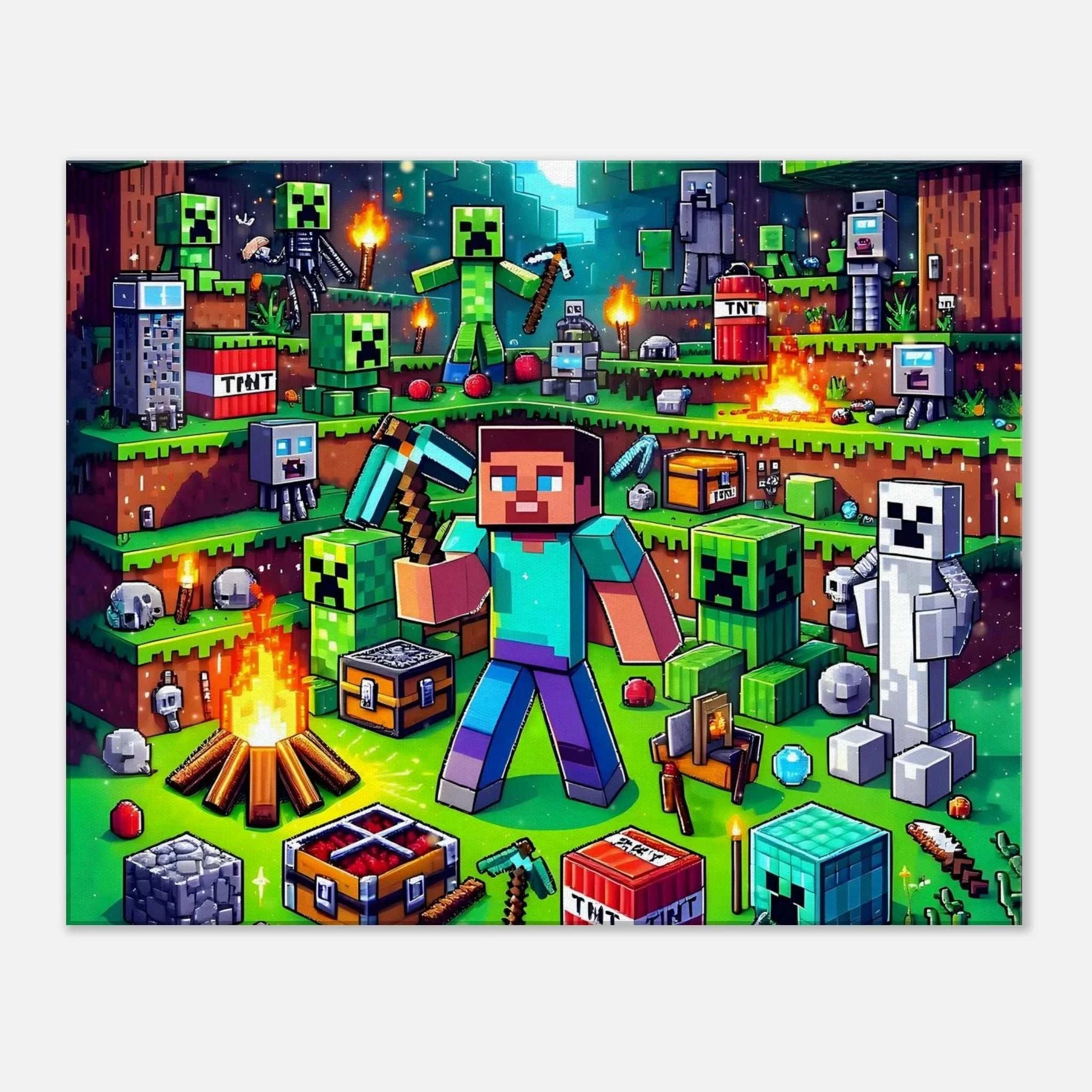 Minecraft wall canvas with vibrant colors and iconic game scenes, featuring characters and blocks in a playful pixelated style.