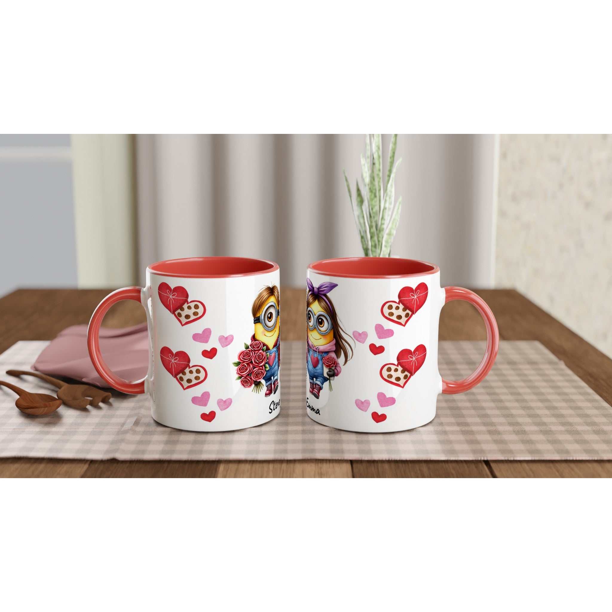 Cute Minions personalised Valentine mug with heart design.