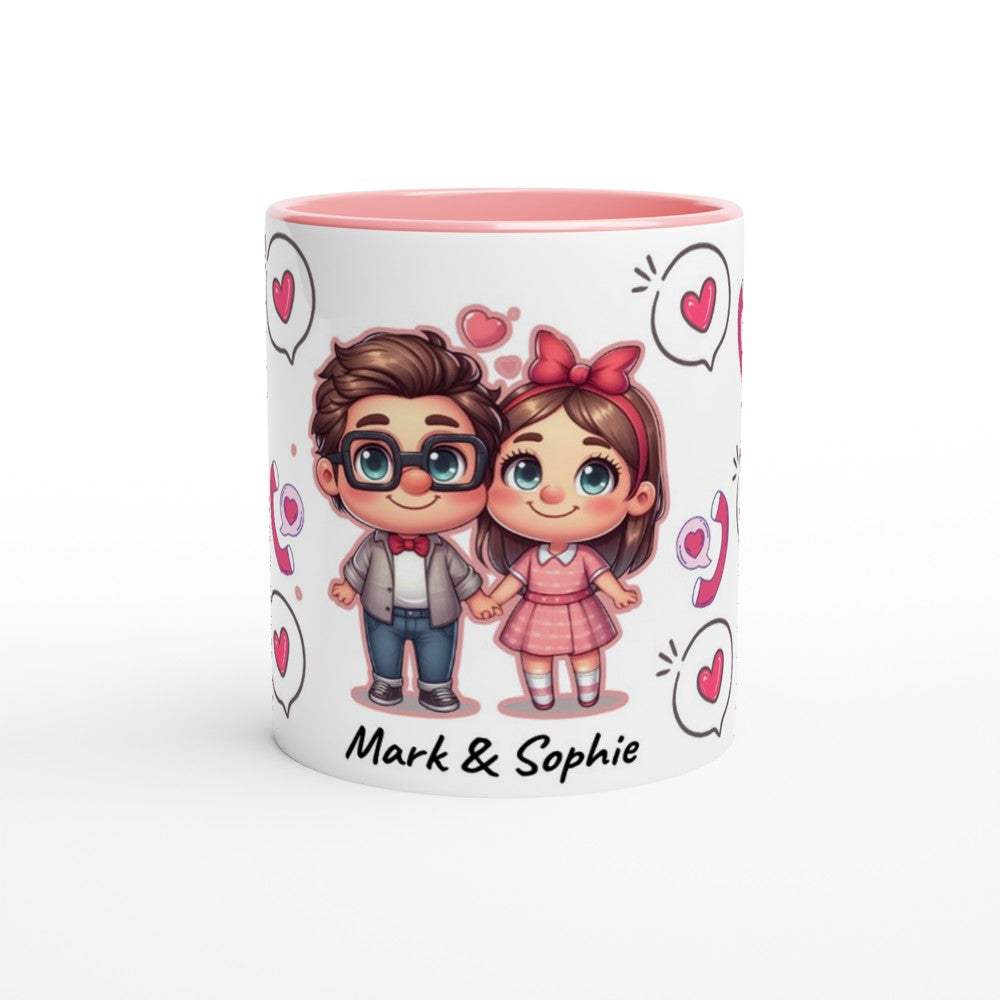 Cute personalized Valentines mug with cartoon couple illustration, custom ceramic coffee cup gift.