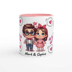 Cute personalized Valentines mug with cartoon couple illustration, custom ceramic coffee cup gift.