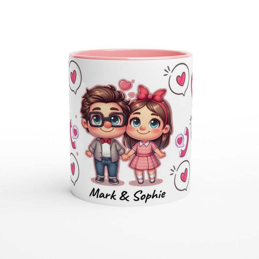 Cute personalized Valentines mug with cartoon couple illustration, custom ceramic coffee cup gift.