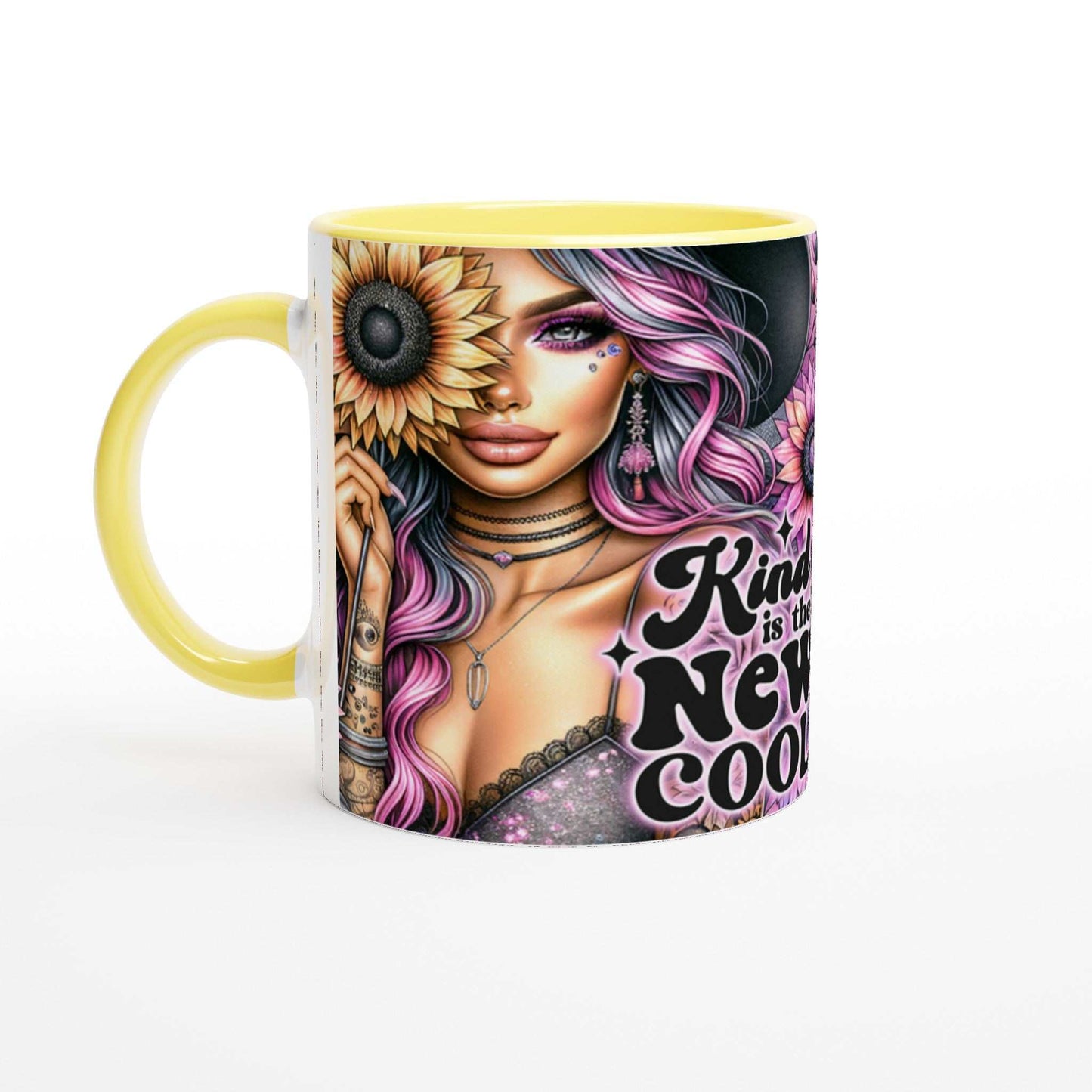 Kind Is The New Cool motivational coffee mug with vibrant design and inspirational quote, featuring colorful rim and handle, 11oz ceramic.