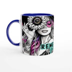 Motivational ceramic coffee mug with "Remember Your Why" quote, vibrant design, and colored accents.