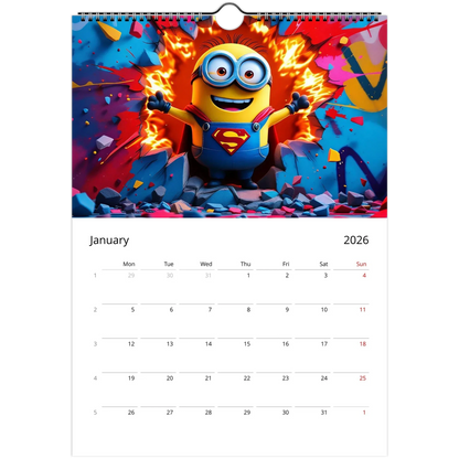 2026 Minions Superhero Wall Calendar with vibrant superhero Minion illustration and large date squares.