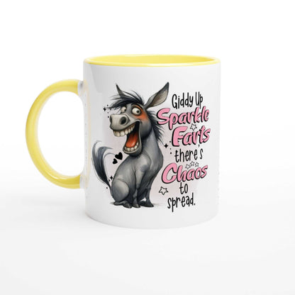 Giddy Up Sparkle Farts Quirky Ceramic Mug with vibrant design and yellow handle.