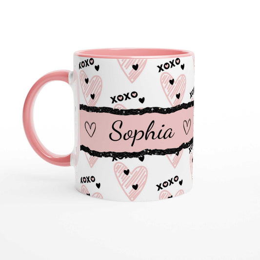 personalised cute valentines mug with heart and name design, pink rim and handle