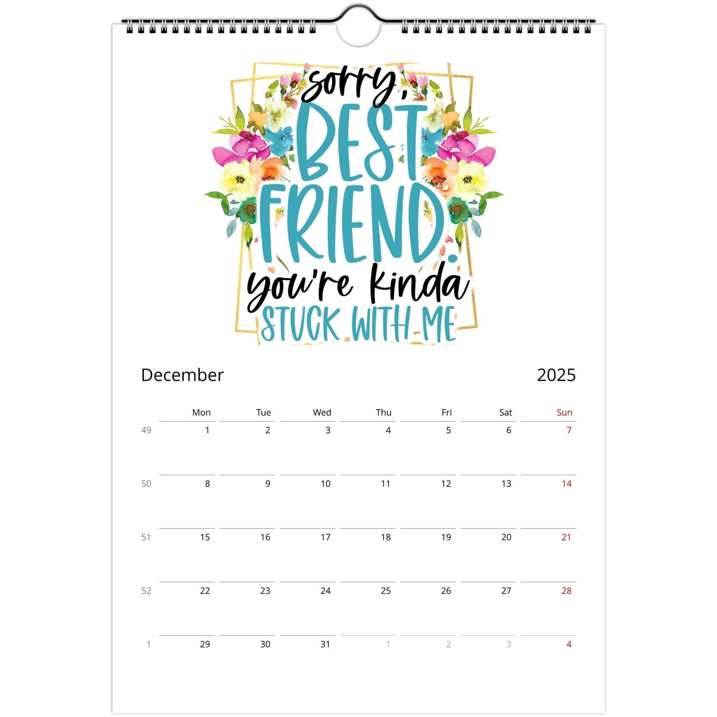 Personalised Best Friends 2025 Wall Calendar with floral design and December date grid.