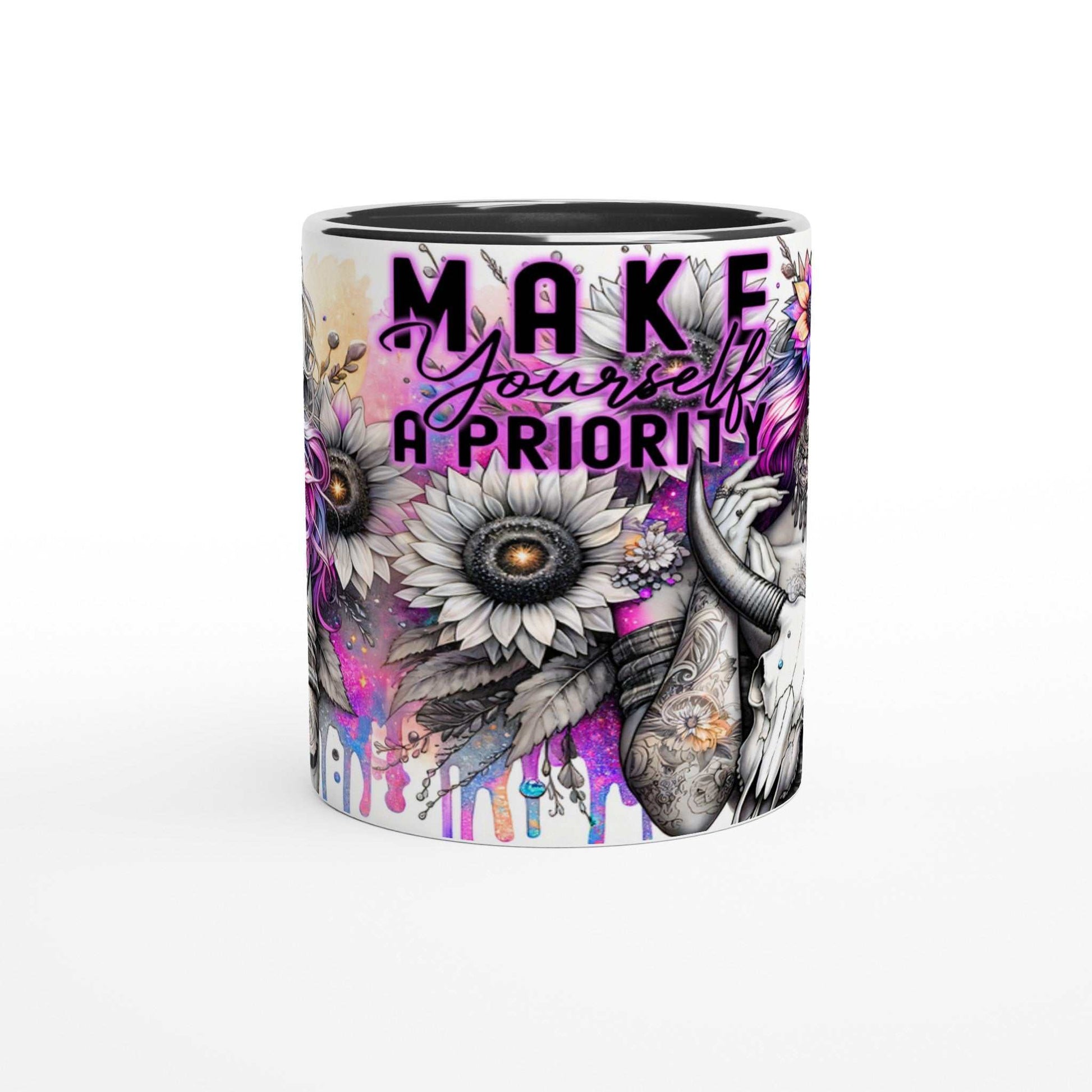 Make Yourself a Priority motivational coffee mug with colorful floral design and glossy finish.