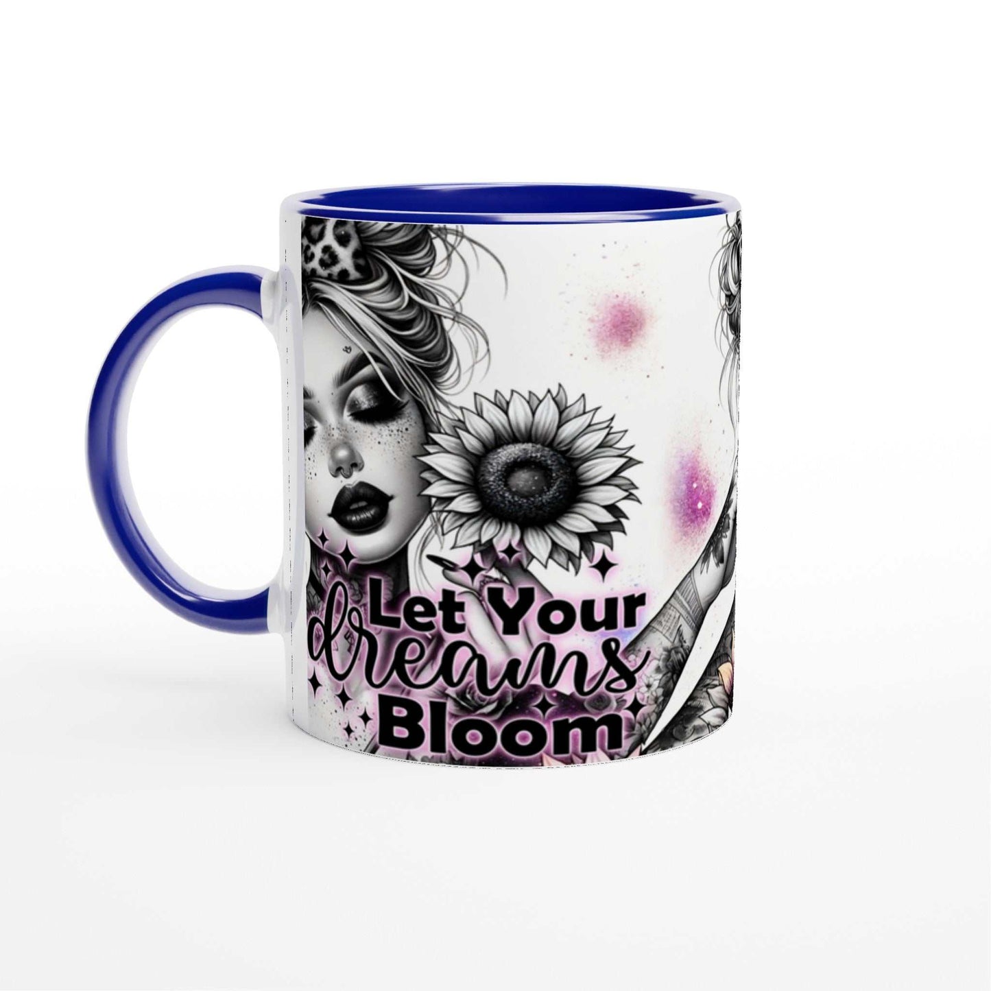 Let Your Dreams Bloom motivational coffee mug with vibrant design and inspiring quote.