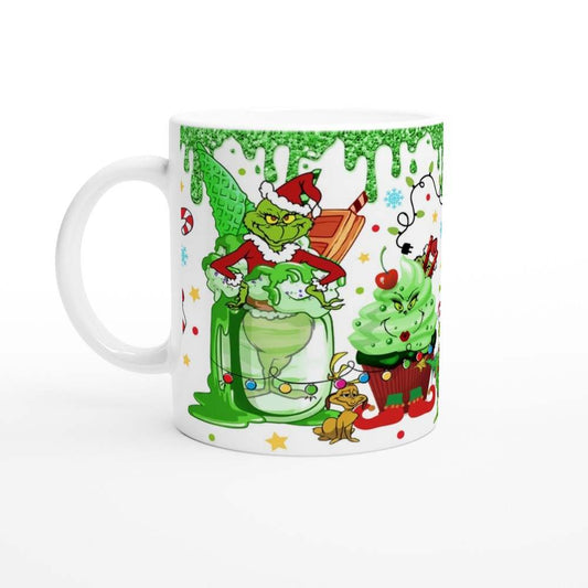 Fun Grinch Christmas Mug with festive holiday design, glossy finish, 11oz ceramic, microwave and dishwasher safe.