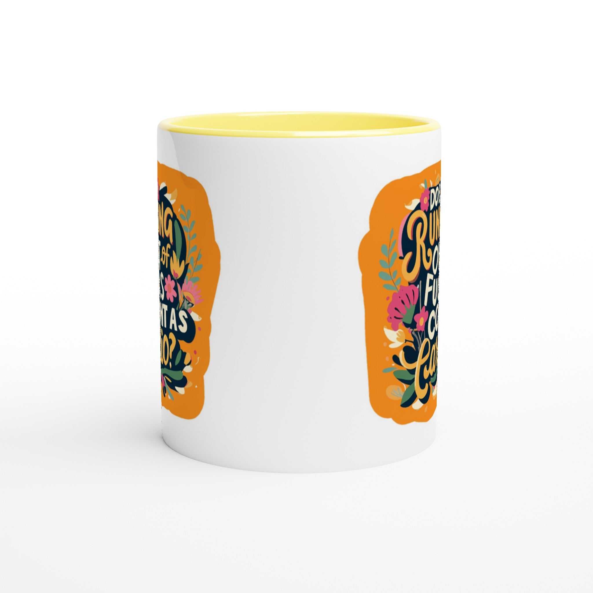 11oz ceramic Outta Fucks Fun Mug with colorful design and yellow interior.
