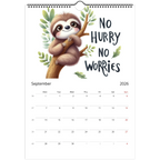 Adorable Sloth Wall Calendar 2026 with cute sloth illustration and motivational quote, spiral-bound, glossy pages, September month view