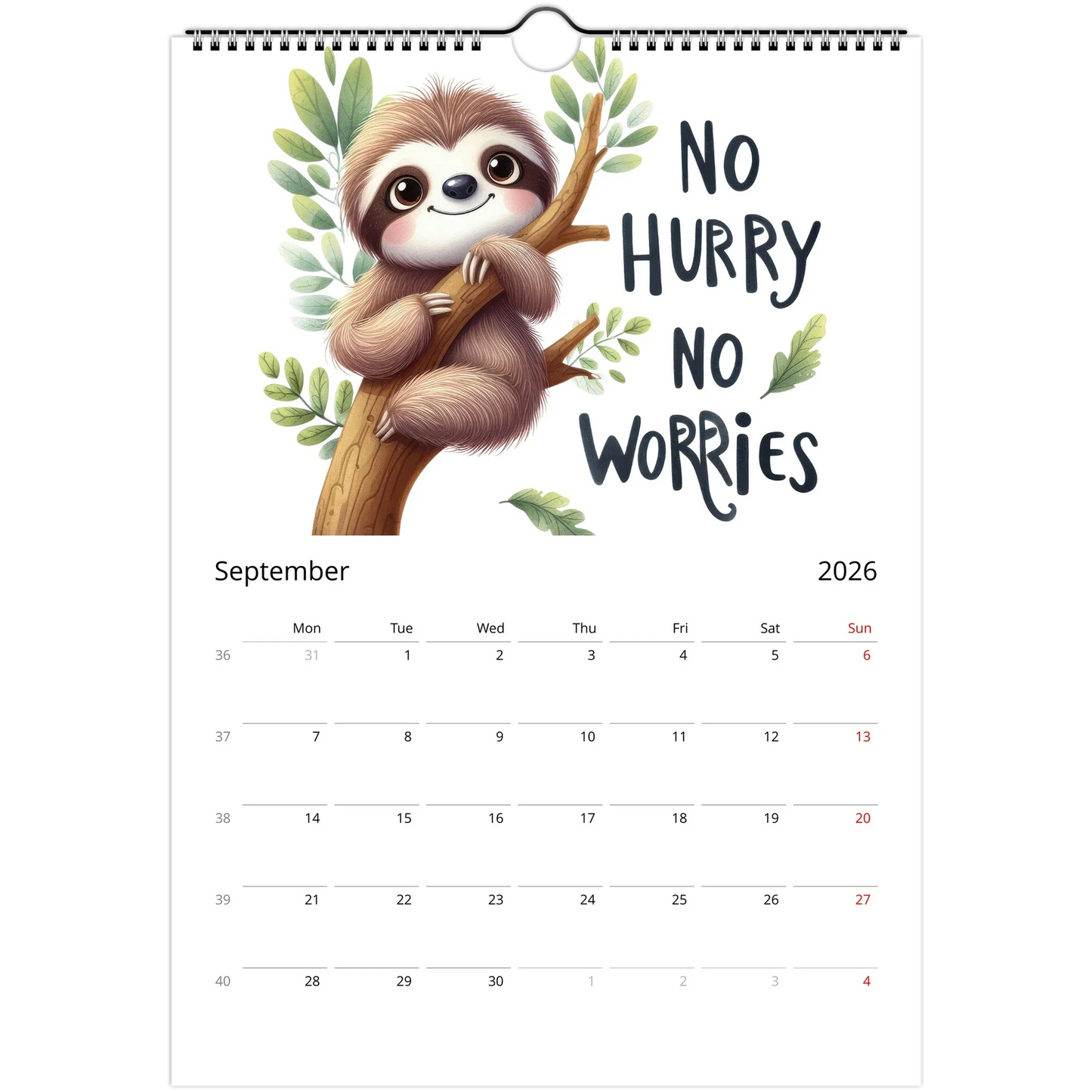 Adorable Sloth Wall Calendar 2026 with cute sloth illustration and motivational quote, spiral-bound, glossy pages, September month view