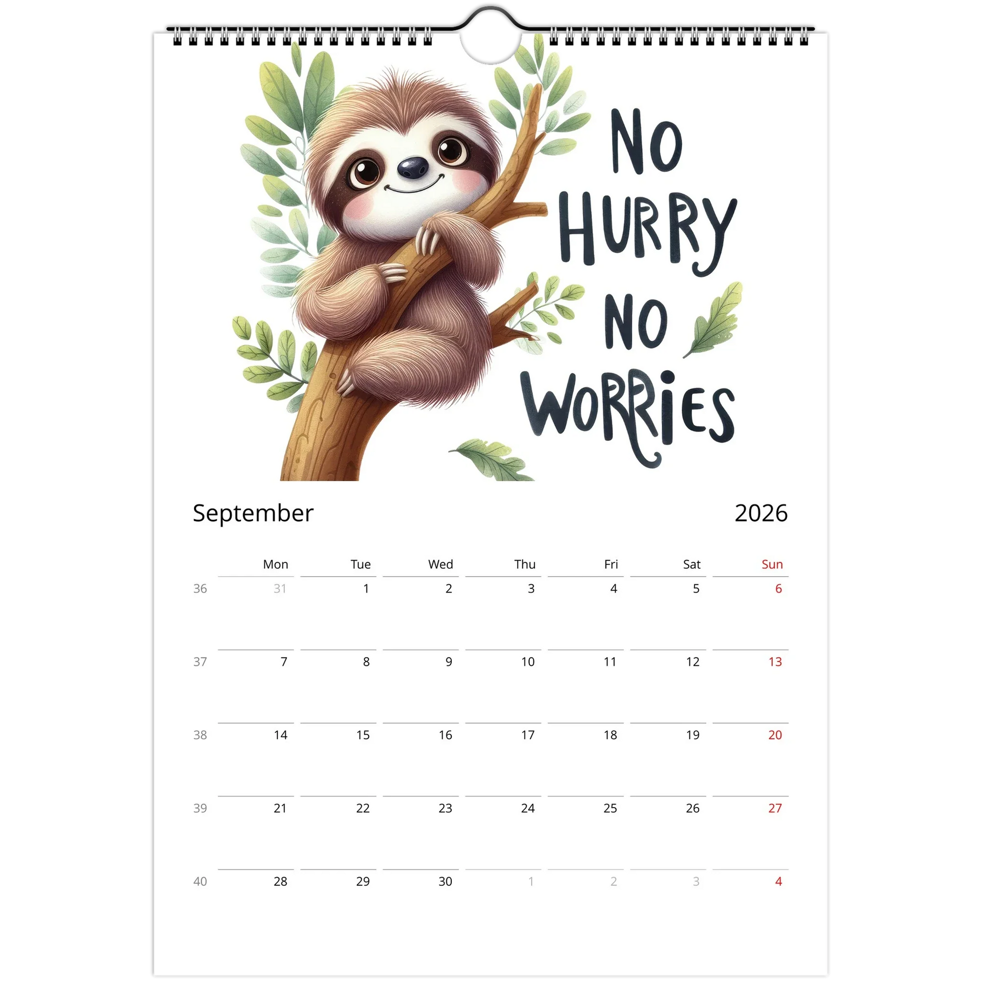 Adorable Sloth Wall Calendar 2026 with cute sloth illustration and motivational quote, spiral-bound, glossy pages, September month view