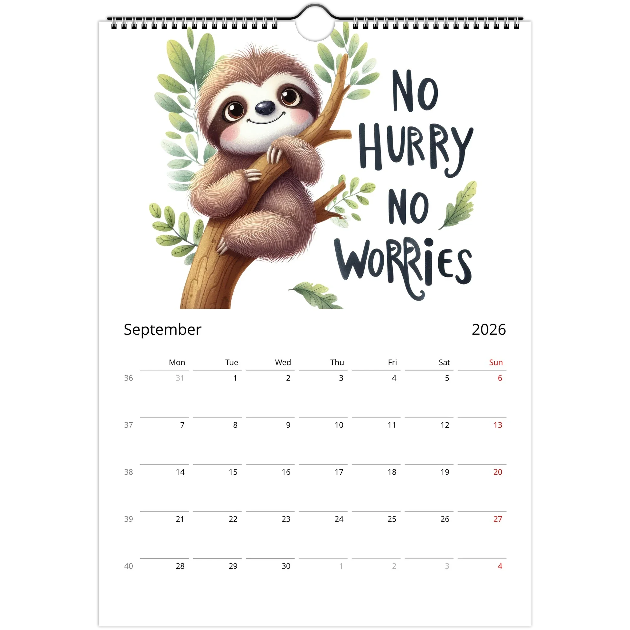 Adorable Sloth Wall Calendar 2026 with cute sloth illustration and motivational quote, spiral-bound, glossy pages, September month view