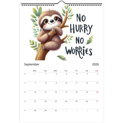 Adorable Sloth Wall Calendar 2026 with cute sloth illustration and motivational quote, spiral-bound, glossy pages, September month view