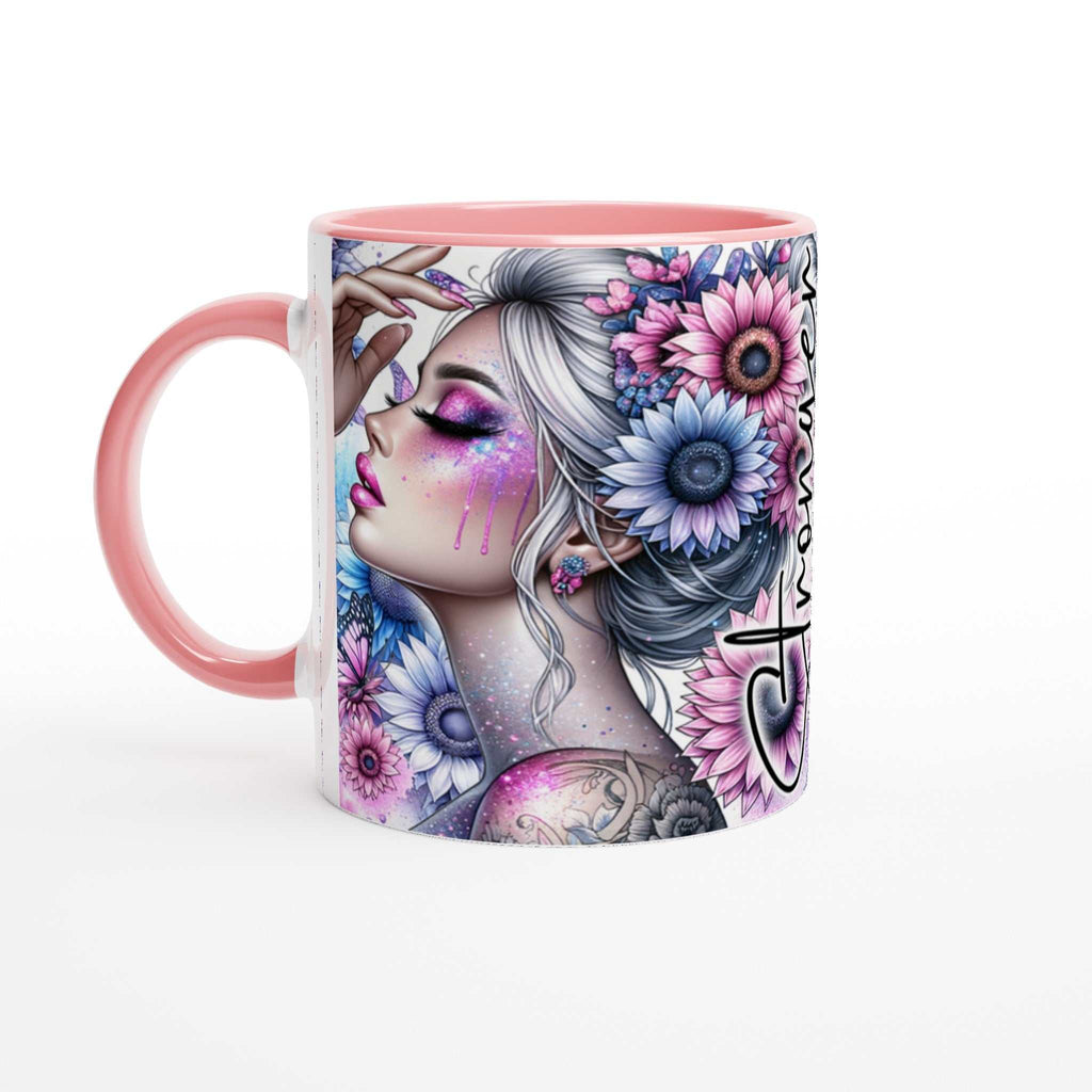11oz ceramic mug with vibrant design and motivational quote, "Stronger Than The Storm," featuring glossy white finish and colored rim and handle.