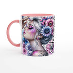 11oz ceramic mug with vibrant design and motivational quote, "Stronger Than The Storm," featuring glossy white finish and colored rim and handle.