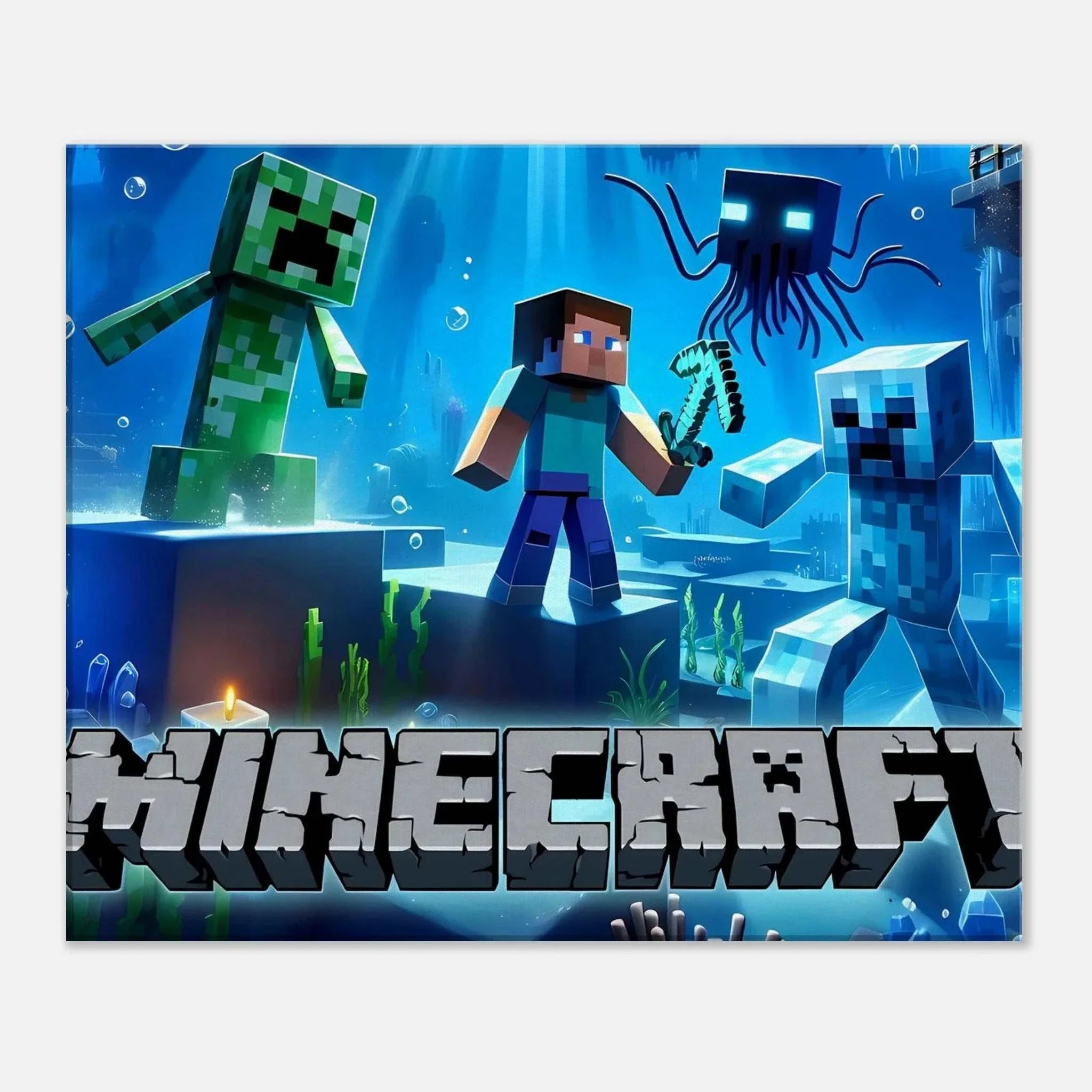 Vibrant Minecraft wall canvas with iconic pixelated scenes featuring game characters.