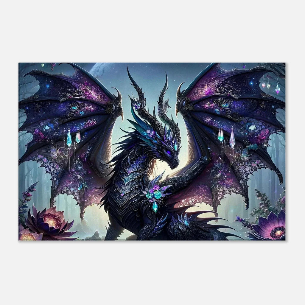 Black Gem Dragon Wall Canvas with shimmering gems, available in multiple sizes.