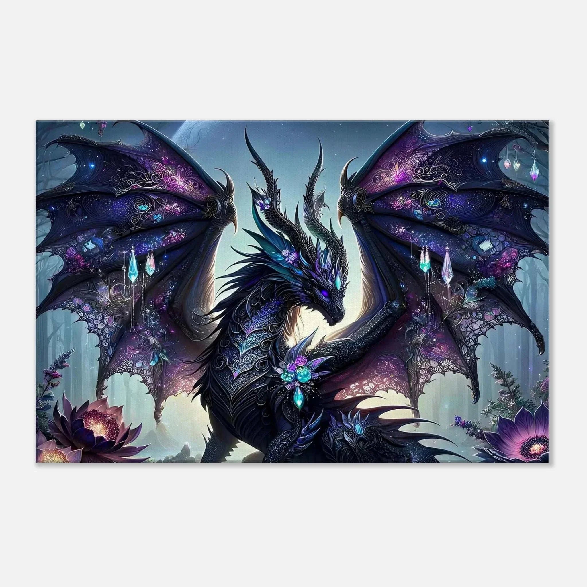 Black Gem Dragon Wall Canvas with shimmering gems, available in multiple sizes.