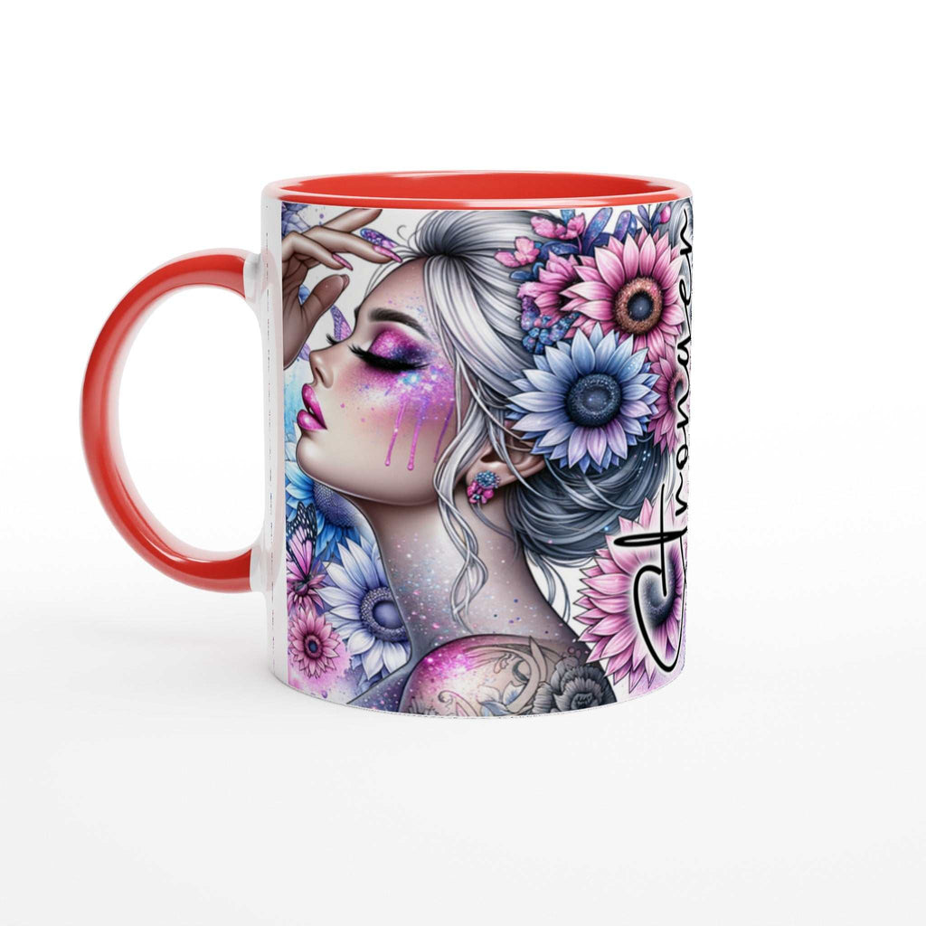 Stronger Than The Storm motivational coffee mug with vibrant floral design and red accents.