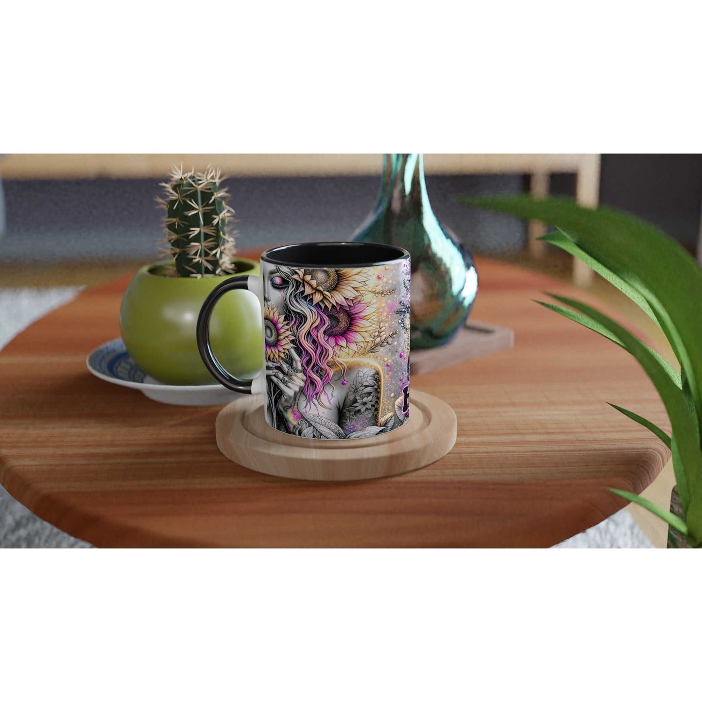 Be Happy – Motivational Coffee Mug with vibrant design on a wooden table.