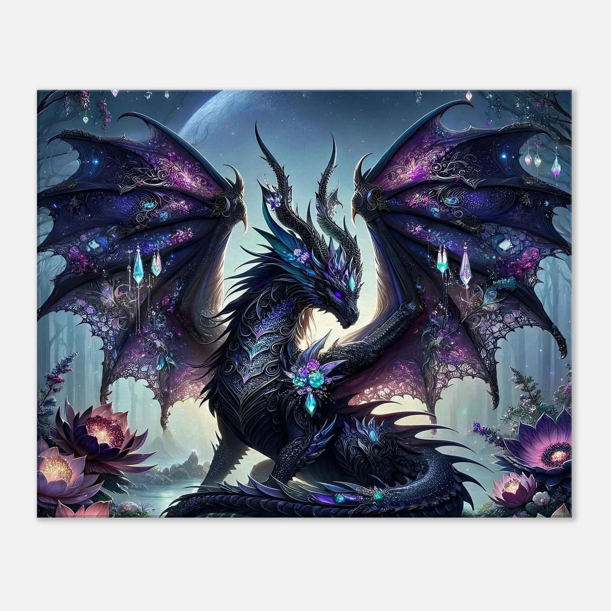 Black Gem Dragon wall canvas featuring a mythical dragon with shimmering black gems, ideal for fantasy decor.