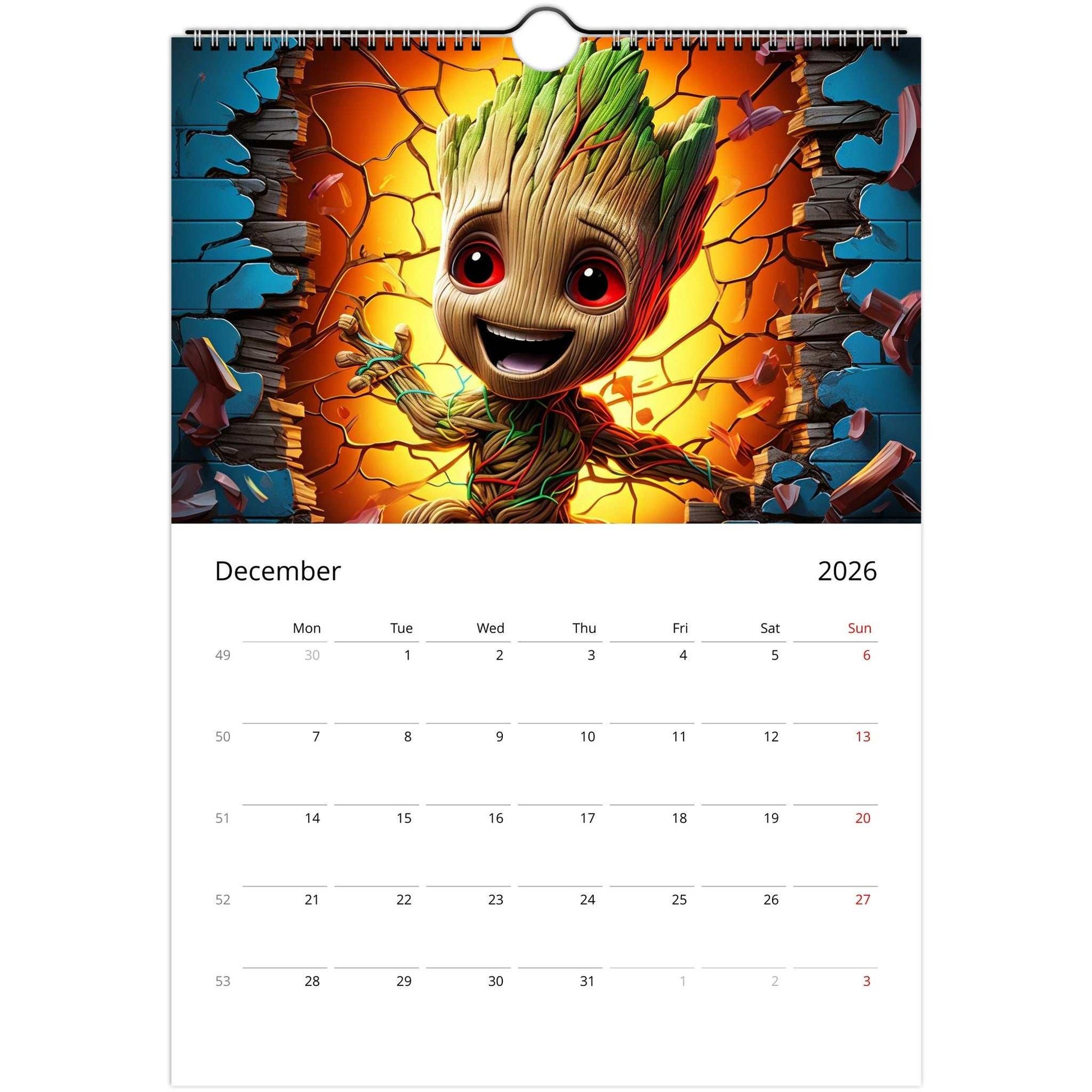 Superhero Calendar 2026 December page featuring vibrant comic-style Groot design with spiral binding and note spaces.