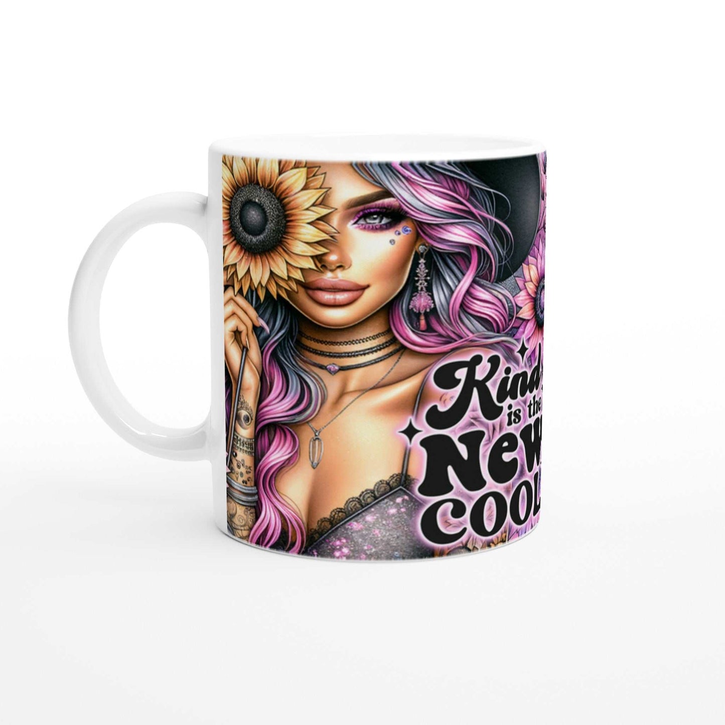 Kind Is the New Cool motivational coffee mug with vibrant design and colorful accents, 11oz ceramic, microwave and dishwasher safe.