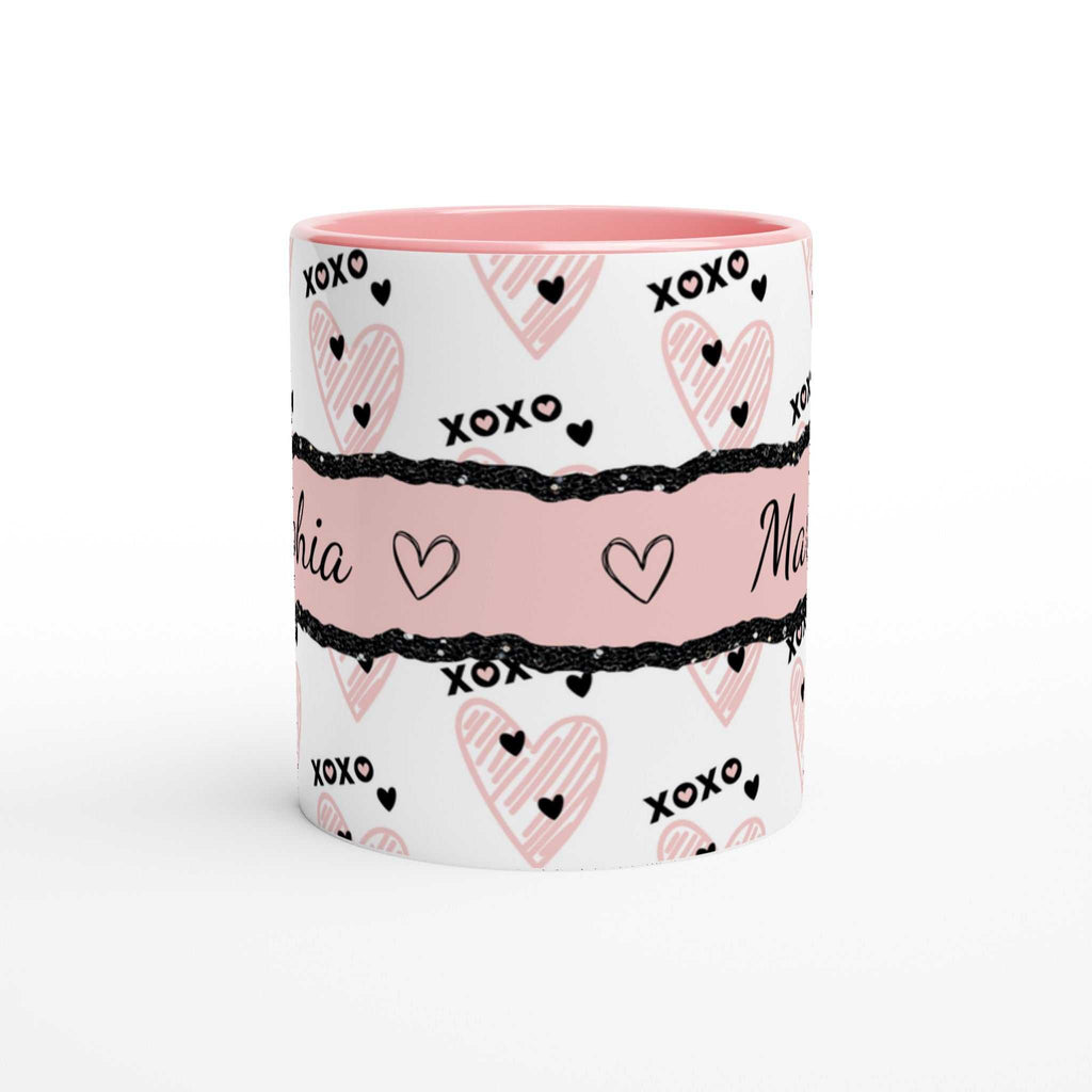 Personalised cute Valentines Day mug with heart design and colored rim.