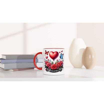 Valentines Day mug with vibrant heart and floral design, ceramic, colored rim, suitable gift.