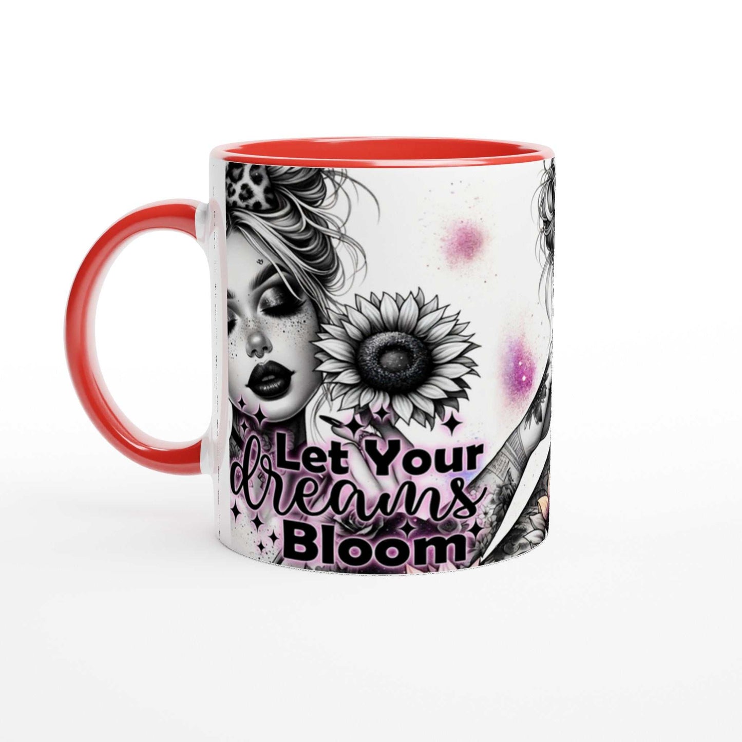 Let Your Dreams Bloom motivational coffee mug with vibrant design and glossy finish.