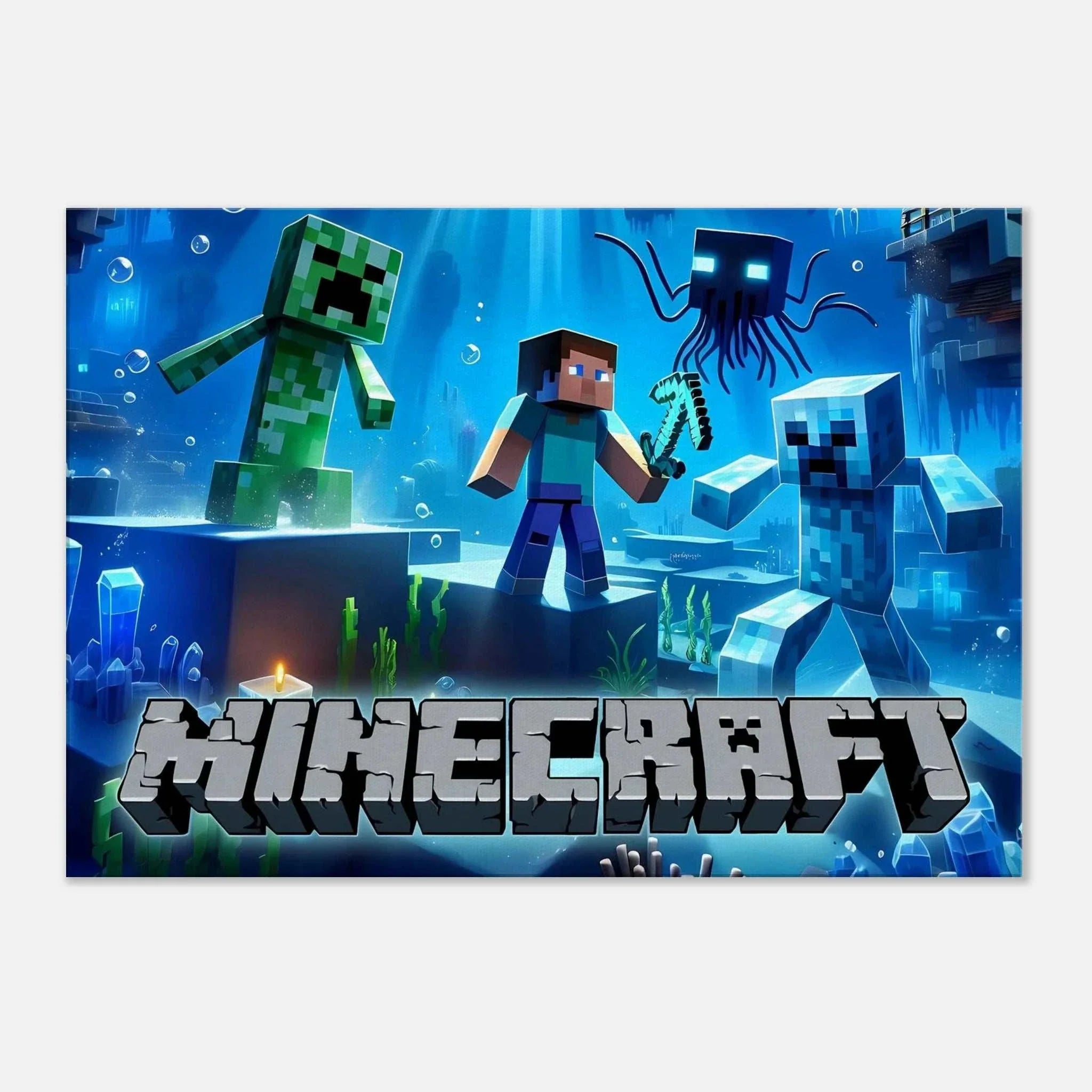 Vibrant Minecraft wall canvas featuring pixelated scenes, perfect for room decoration.