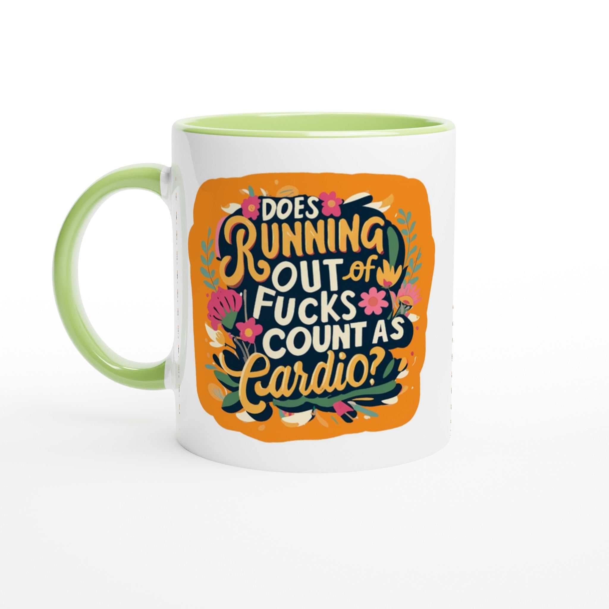11oz Outta Fucks Fun Mug with colorful design and green handle.