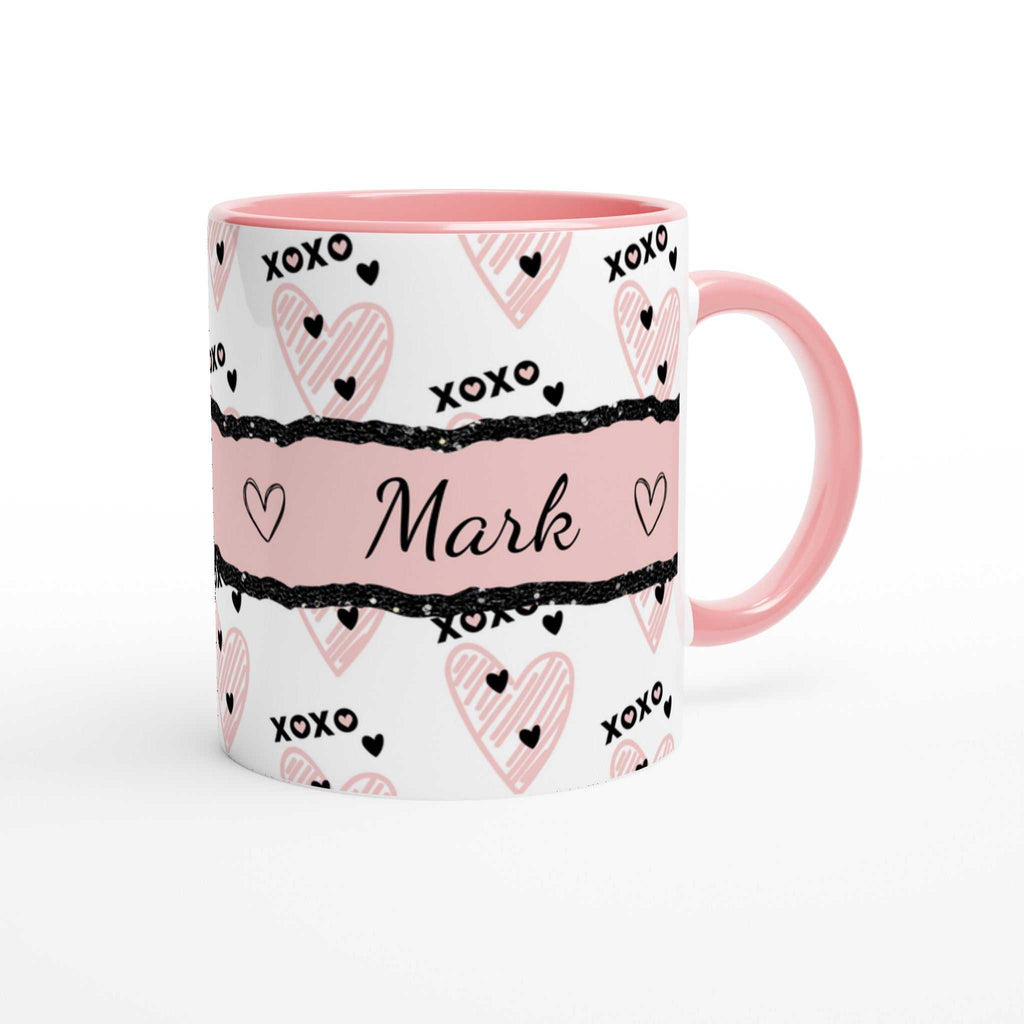 personalised cute valentines mug with heart design and pink handle