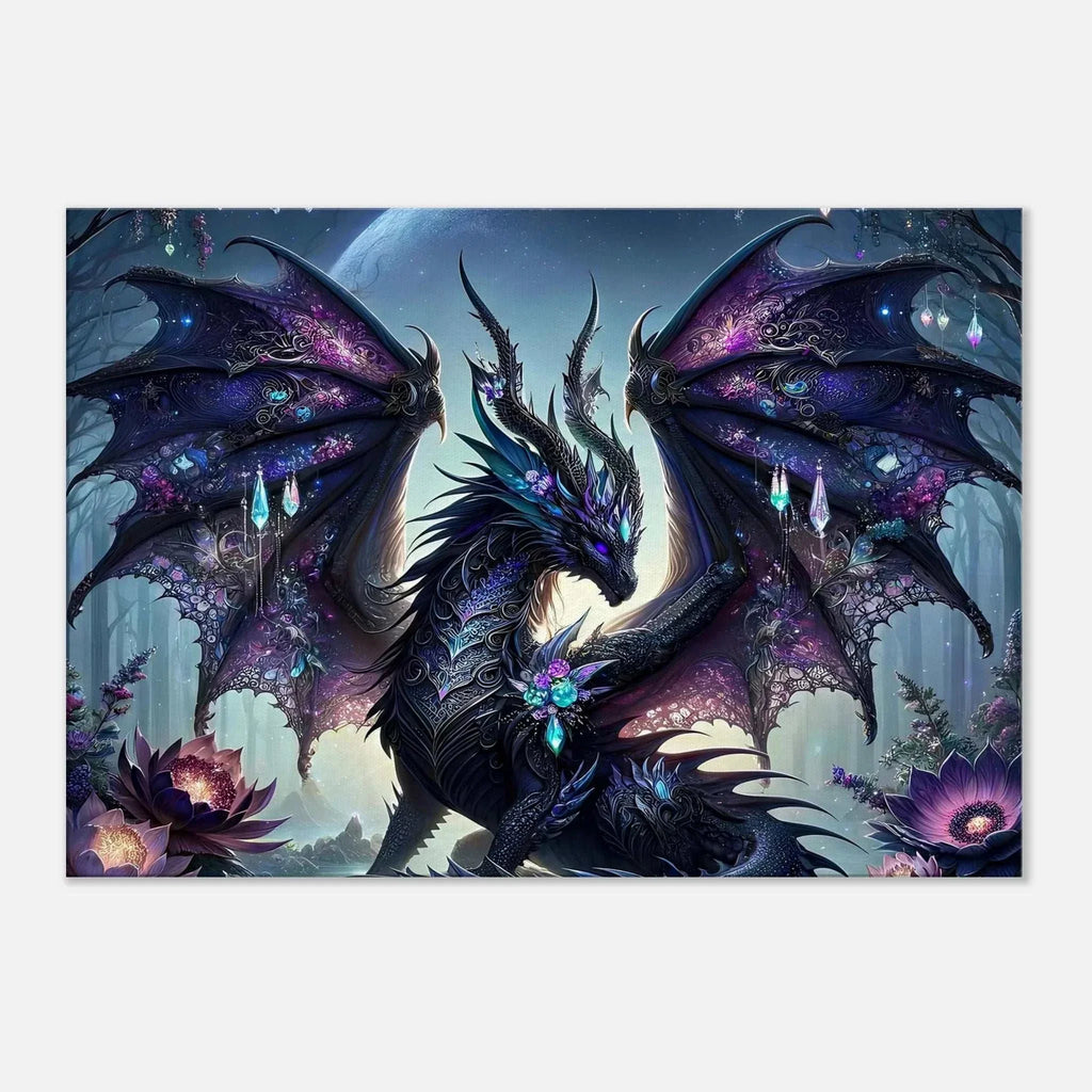 Black Gem Dragon wall canvas with shimmering gems and vibrant colors.