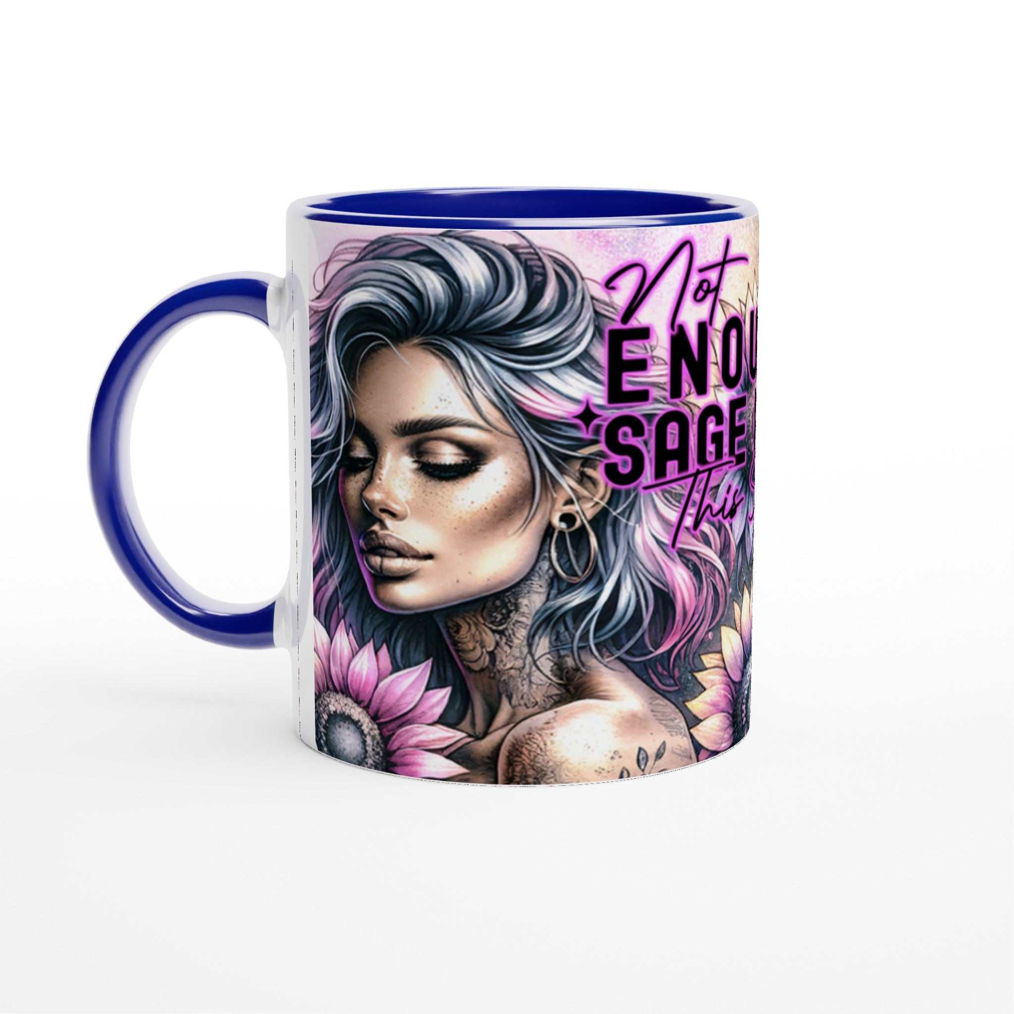Not Enough Sage Motivational Coffee Cup with colorful rim and handle, 11oz ceramic mug, inspirational gift.