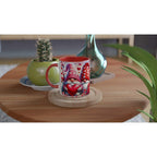 Cute Gnome Valentines Day Mug with heart design on a wooden table.